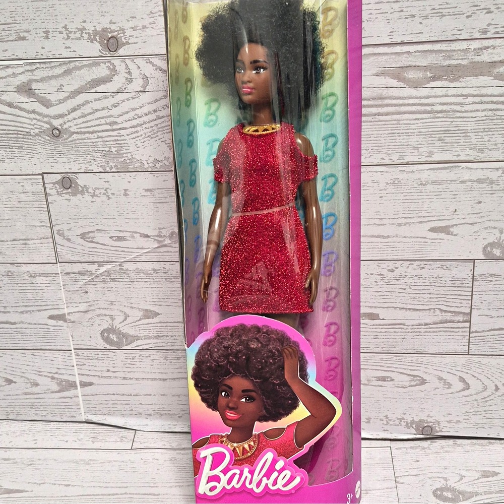 Barbie Fashion Doll Dark Complexion Blk Curly Hair Red Dress 11.5in FBR37 boxdam